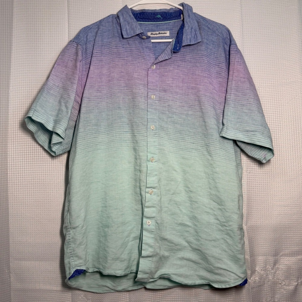 Tommy Bahama Button Down Shirt Large Blue Purple Teal Ombre Linen Blend